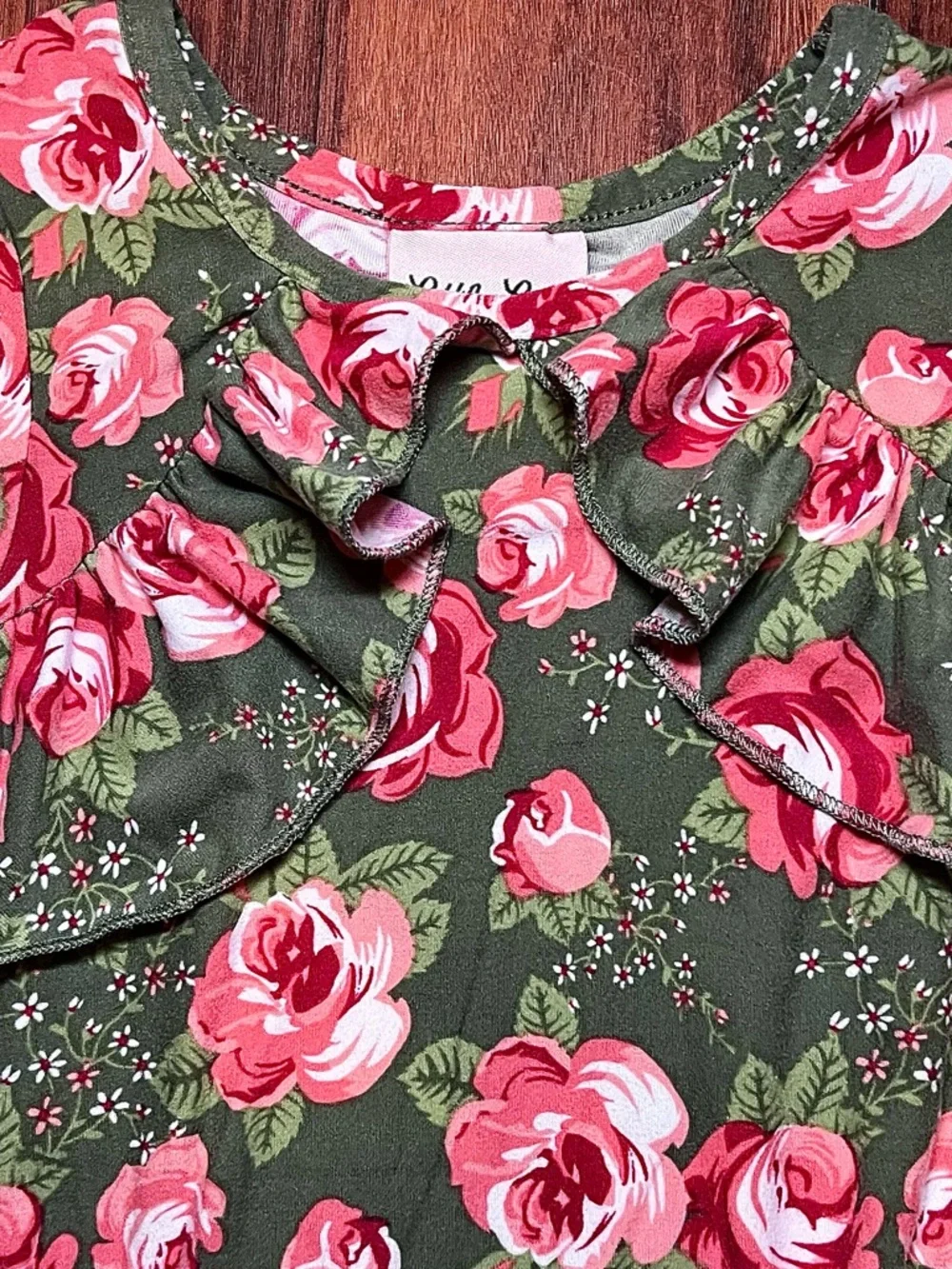 Little Lass Olive Green Floral Ruffle Top with Pink & Red Roses 3/$18 or 4/$20 - Picture 8 of 10